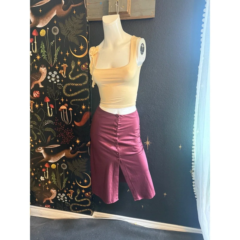 Forever 21 Burgundy Satin Button Front Midi Skirt Small High Waist Slit Plum
